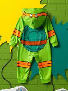 TEENAGE MUTANT NINJA TURTLES X SHEIN Baby Boy Casual Cute Turtle Print Hooded Long Sleeve Jumpsuit, For Spring/Autumn