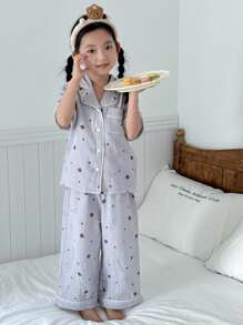 Dazy Kids Young Girl Cartoon Bear Short Sleeve Button-Up Top And Pants Pajama Set - Multicolor - View 5