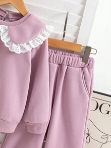 年轻女孩秋季休闲可爱撞色希菲彼得潘领运动衫和松紧腰宽松阔腿裤套装 - 粉色 - 查看 4