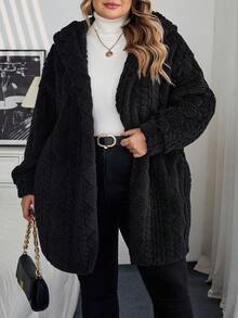 SHEIN CURVE+ Áo khoác hoodie len pha trộn họa tiết màu đen cỡ lớn dành cho nữ, dành cho mùa đông/thu/đông - màu đen - Xem 12