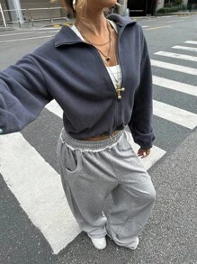 SHEIN Teen Girls' Casual Loose Fit Cozy Stand Collar Plush Jacket, Suitable For Autumn/Winter Fall