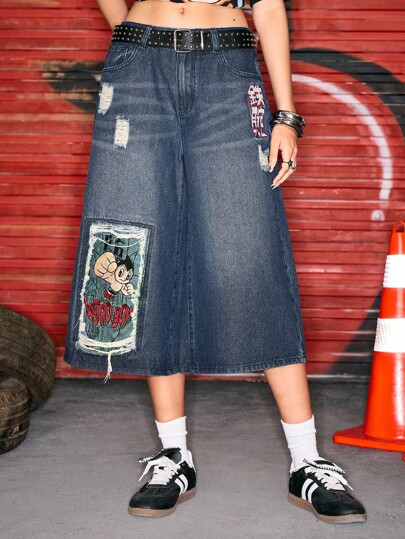 Astro Boy X ROMWE Pantalones capri de mezclilla con gráfico de figura de dibujos animados para mujer