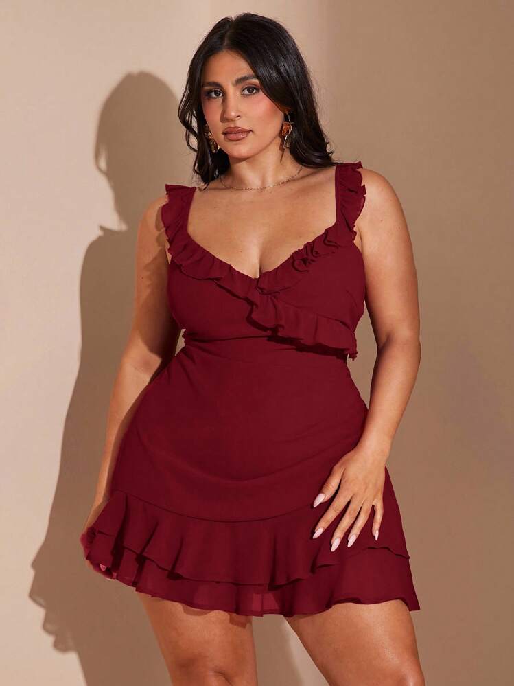 SHEIN BAE Plus Size Women's Romantic Sexy V-Neck Sweet Cute Elegant Versatile Date Night Red Ruffle Hem Mini Dress, Autumn Beach Holiday Party Short Dress/ Plus Size Ruffle Dress/ Burgundy Plus Size Dress/,Fall Clothes For Women,Valentine's Day,Valentine Outfits For Women - Burgundy - View 3