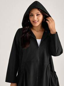 Comfylo 加大码时尚纯色军绿色连帽口袋设计中长款夹克秋季带口袋女式风衣外套冬装 - 黑色 - 查看 7