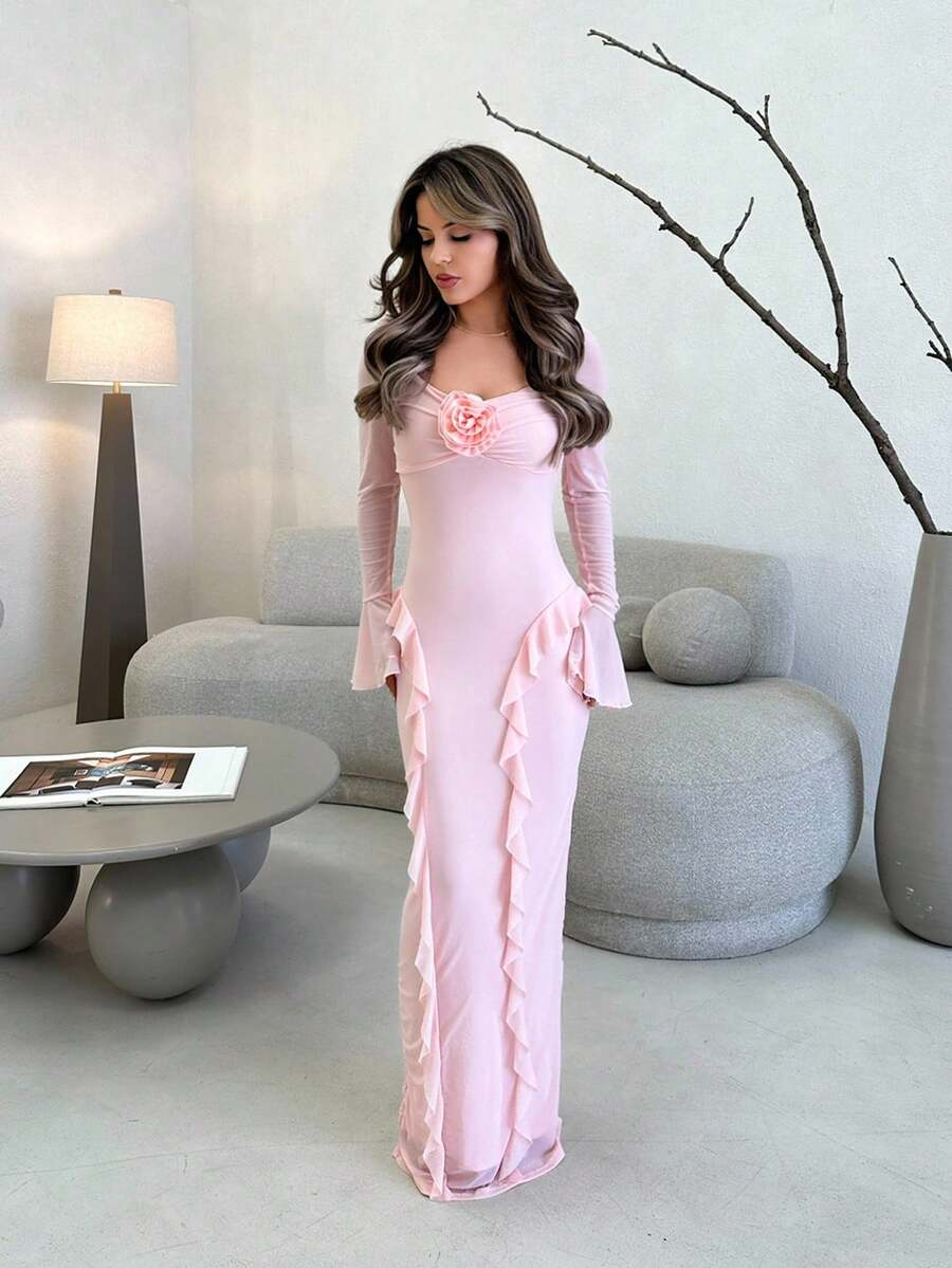 Jemour 优雅花朵点缀长袖粉色连衣裙，秋季服装，适合休闲约会、活动和派对