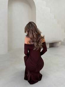 Jemour Off Shoulder Long Sleeve Maxi Dress Vacation Summer Spring Romantic Wedding Guest Graduation, Prom Holiday - Coffee - View 5