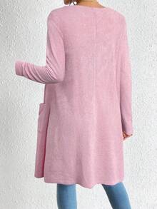 SHEIN Essnce Áo khoác cardigan dệt kim hở mặt trước, thanh lịch tối giản, hai túi dành cho nữ, áo khoác cardigan mùa hè dành cho nữ, trang phục mùa xuân dành cho nữ, áo khoác cardigan mỏng, áo khoác cardigan màu hồng, áo khoác cardigan nữ vào mùa thu/đông - Hồng - Xem 2