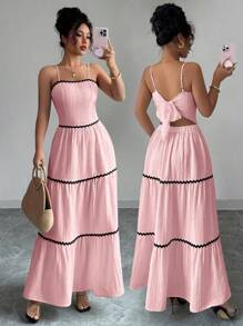 Elenzga 女式夏季新款撞色饰边系带无袖休闲连衣裙 - 粉色 - 查看 1