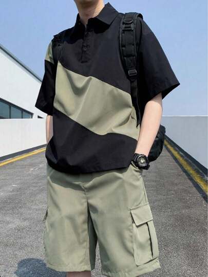 SHEIN 青少年男孩拼色 Polo 衫、工装口袋工装短裤、休闲校园舒适时尚简约百搭柔软舒适，适合日常穿着、上学、旅行、运动等