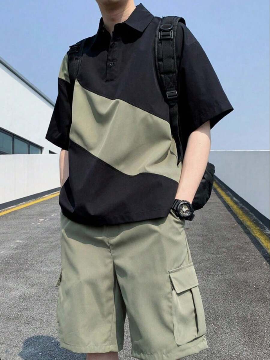 SHEIN 青少年男孩拼色 Polo 衫、工装口袋工装短裤、休闲校园舒适时尚简约百搭柔软舒适,适合日常穿着、上学、旅行、运动等 - 彩色 - 查看 1