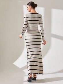 CLARA VERO Elegant Coastal Striped Maxi Knit Dress With Waist Bow Detail,Winter Dresses For Women,Petite - Black and White - View 2