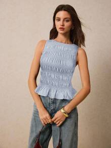 Poéselle 女士纯色荷叶边圆领优雅时尚吊带背心 - 藍色 - 查看 4