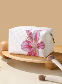 ROMWE Fairycore 白底粉百合花图案印花八角菱形化妆包