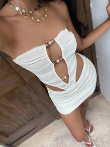 Sunnyshic Women's Vacation Casual Fashion Hollow Pearl Decor Backless Bandeau Mini Dress - Apricot - View 8