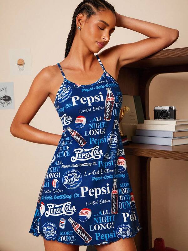 PEPSI X SHEIN Women's Letter Graphic Sleeveless Summer Cami Nightgown