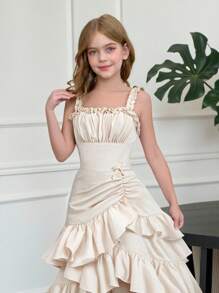 SHEIN Serisse Kids 少女杏色胸部褶皱多层不对称荷叶边吊带腰优雅连衣裙，法式仙女裙，春季郊游，情人节，生日派对，圣诞派对，情人节少女 - 米色 - 查看 8