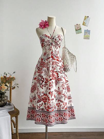 Soleia 蓝白系带领口镂空腰部花卉印花女士休闲节日连衣裙，适合度假、约会、下午茶、音乐节、波西米亚风格