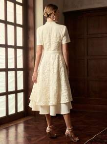 ZEYLAH 撞色蕾丝腰身收腰长袖优雅长裙，秋冬 - 杏色 - 查看 3