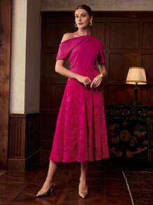 ZEYLAH Vestido largo de verano elegante para damas con cuello asimétrico, panel con aplicación de flor de jacquard y bajo acampanado - Rosa Fucsia - Ver 4
