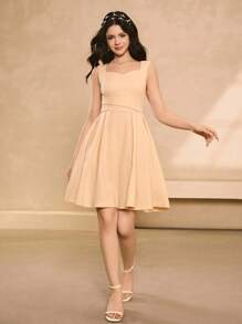 青少年优雅系带露背婚礼伴娘礼服，优雅返校 - 杏色 - 查看 6