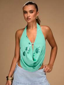 SHEIN BAE 女士时尚休闲性感系带露背背心，夏季 - 薄荷藍 - 查看 4