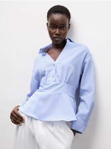 Lumivelle Luminelle Blue And White Striped Long-Sleeved Autumn Shirt With A Cinched Waist Clothes For University - Light Wash - View 5