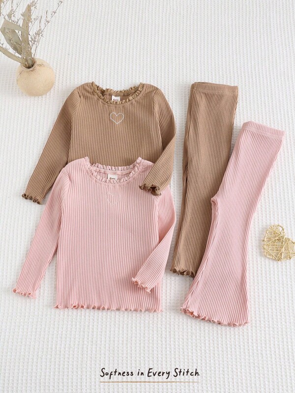 Cozy Pixies 4 pièces Ensemble Top à manches longues avec col rond, volants et pantalon large à motif en forme de cœur tricoté doux pour bébé fille
