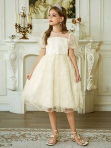 Hapijoa Girls Princess Dress With Bow, Sweet Mesh Party Dresses, Tween Girl Summer Outfit - Apricot - View 4