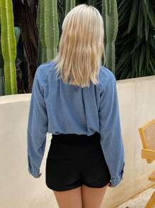 Livesso 女式休闲水洗抽绳V领长袖牛仔衬衫 - 藍色 - 查看 2