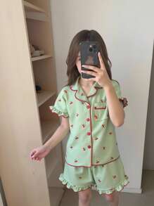 Conjunto de pijama para niñas preadolescentes, blusa de manga corta con volantes y estampado de cerezas, shorts elegantes y cómodos de moda
