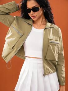 Hanevo 卡其色女式休闲夹克，带拉链口袋，长袖 - 卡其色 - 查看 4