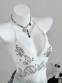 SHEIN Unity 女式夏季性感度假风格花卉印花露背系带露背透视吊带背心上衣