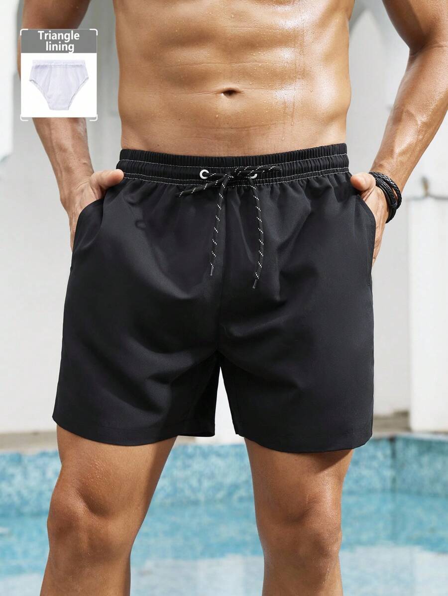 ZELFYO Plus Size Men's Solid Color Drawstring Waist Pocket Beach Shorts Men Drawstring Shorts Men Swimming Shorts - Black - View 1