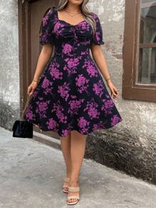 Pretty and Ole Plus Size Women Floral Print V-Neck Short Sleeve Knee-Length Dress - Purple - View 7