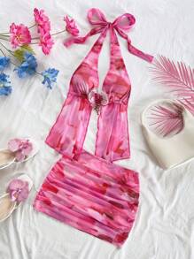 SHEIN x Eduarda Gutierrez Soleia Women's Bohemian Tie-Dye Floral Print Knit Mesh Halter Backless Tie Front Decorative 3D Flower Vest And Mini Ruched Skirt Set, Suitable For Party, Date, Afternoon Tea, Beach, Carnival, Summer Outfitting, Can Be Worn Inside Or Outside Pink Beach Outfit Pink Vacation Outfit Two Piece Beach Set Beach Skirt Set - Multicolor - View 5