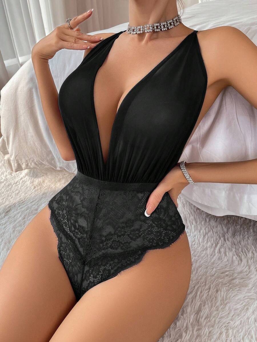 1 件女式蕾丝撞色网眼性感紧身衣内衣