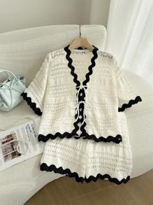 Comfortcana 2 piezas Conjunto de suéter corto de malla calada de talla grande