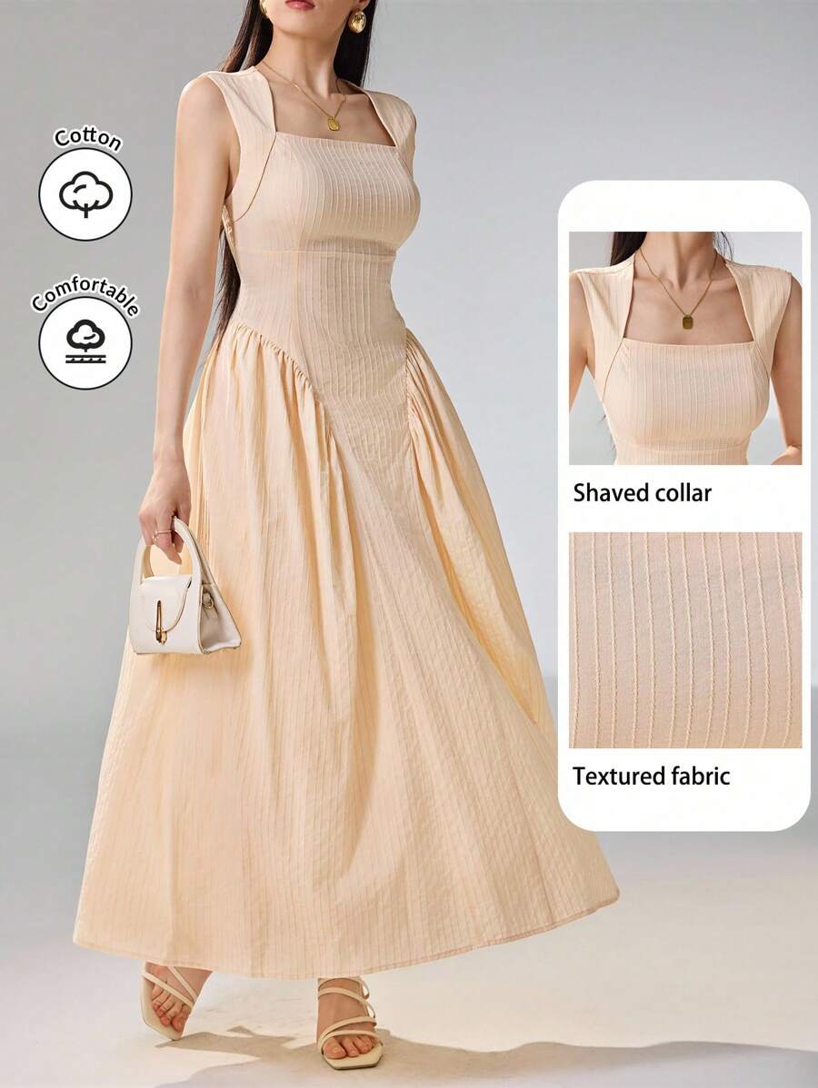 Heiryn Women's Elegant Swan Neck Cinched Waist Solid Color Summer Dress - Yellow - View 1