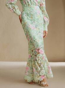 Anewsta 女士优雅花卉蕾丝镂空褶皱鱼尾下摆修身半身裙，夏季穿搭 - 綠色 - 查看 7