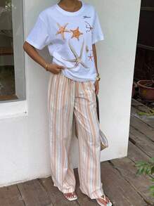 SHEIN EZwear Women's Cotton Linen Casual Striped Wide-Leg Pants For Vacation,Summer / Fall Outfits - Multicolor - View 4