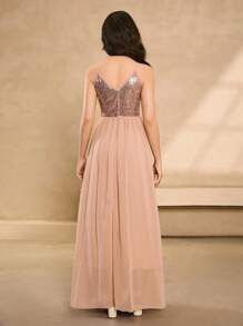 Vestido elegante de niña con flores para boda, para adolescentes, todas las estaciones - Vestido sin mangas con lentejuelas para mediados/largos, vestido de princesa elegante para niñas antes de los exámenes - Rosa - Ver 2