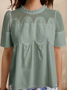 Uhlyne 女士纯棉短袖蕾丝拼接衬衫，宽松休闲度假衬衫，夏季新品，秋季百搭，简约风格，适合工作、教师、返校季等场合，中性色，商务休闲，复古富贵风。 - 綠色 - 查看 5
