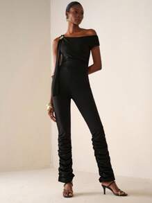 Zivah Women's Elegant Summer Black Knitted Tight Jumpsuit,One Shoulder Flower Metal Decoration Waist Gathered Long Pile Pants For Party Night Banquet Date - Black - View 6