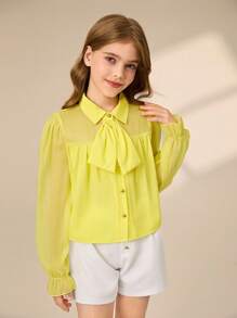 Tween Girls Chiffon Yellow Polo Collar Shirt And Casual Pants Set, European And American Street Style, Suitable For Spring/Autumn - Multicolor - View 3