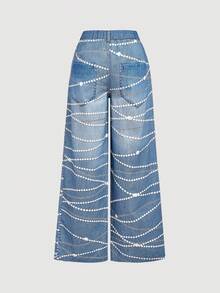 SHEIN MOD Light Wash Blue Pearl Print Palazzo Pants, Autumn - Light Wash - View 3