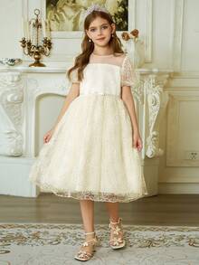 Hapijoa Girls Princess Dress With Bow, Sweet Mesh Party Dresses, Tween Girl Summer Outfit - Apricot - View 5