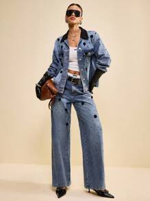 Muvela 女式休闲花卉装饰口袋阔腿牛仔裤 - 中等水洗藍 - 查看 2