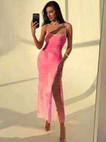 Aloruh 女士橙色花卉网眼高开叉紧身连衣裙