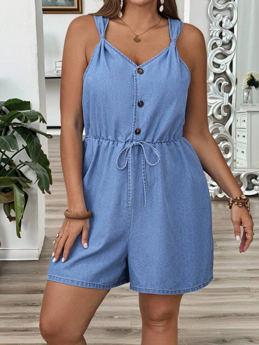 EMERY ROSE Plus Size Solid V-Neck Sleeveless Cinched Waist Denim Jumpsuit, Summer Women Summer Clothing Women Summer Sets  Women S Clothes Jumpsuits For Woman Rompers For Women Jumpsuit Women Macacão Jumpsuits For Women Macaquinho Feminino Beach Essentials Vacation Outfits Woman