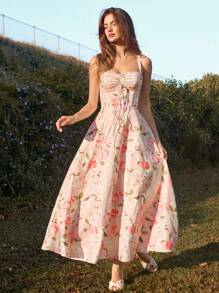 SHEIN Unity Vestido camisero largo nuevo con estampado y falda abullonada para mujer, vestido de princesa para primavera/verano - Rosa - Ver 6